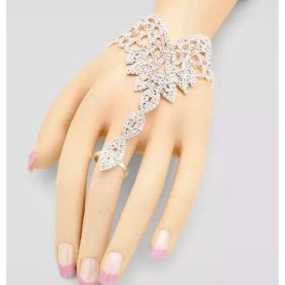 White bracelet Silver Clear Crystal Rhinestone Wedding hanf Chain Ring Bracelet - Picture 4 of 4